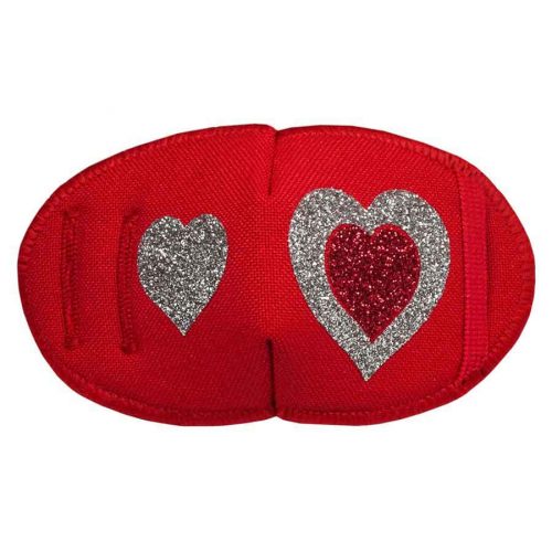 Glitter Hearts on Red soft reusable fabric eye patch for children with glasses